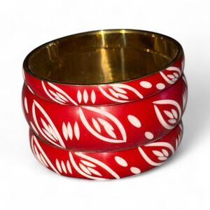 Boho Red & White Acrylic Bangle Bracelets - 3-piece Set